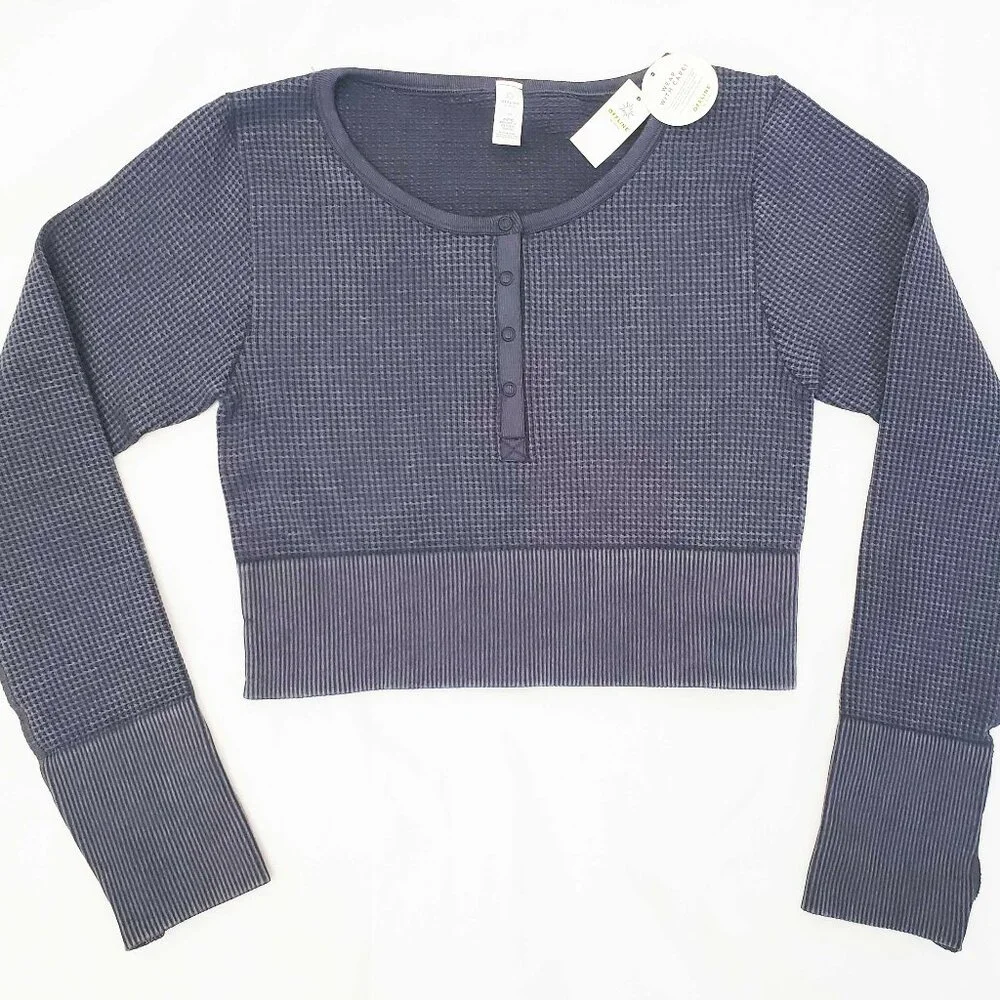 Aerie Womens Grey Offline Main Squeeze Waffle Weave Crop Top Henley Sweatshirt L